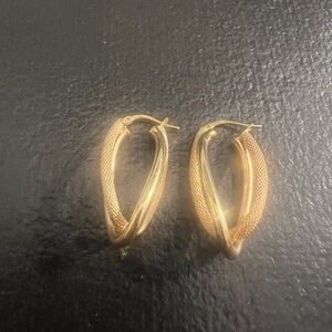 Solid 14K Yellow Gold Textured & Smooth Twisted Posted Hoops